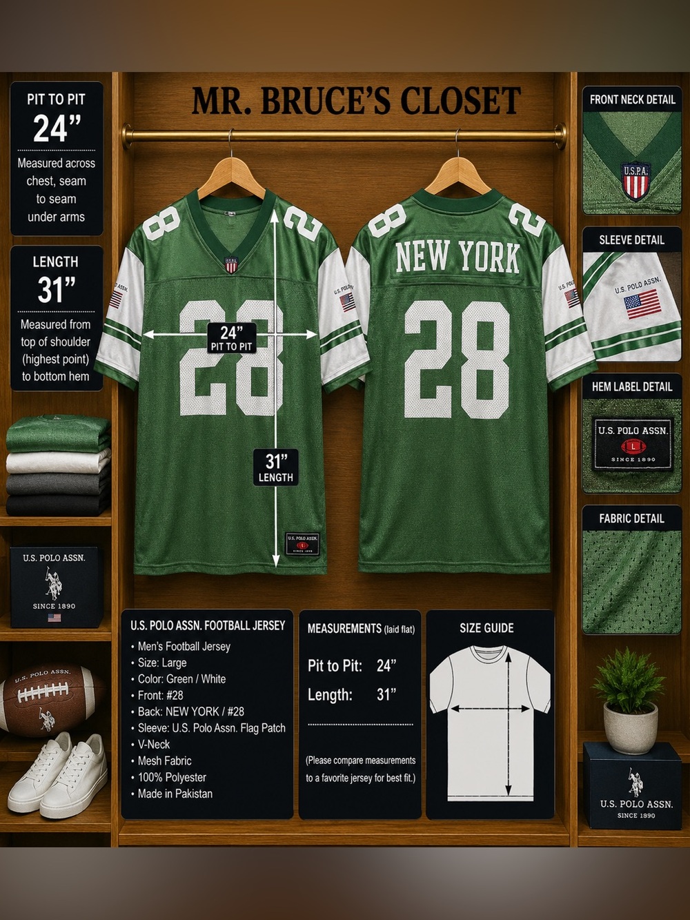 U.S. Polo Assn. Green and White New York Mesh Football Jersey #28
